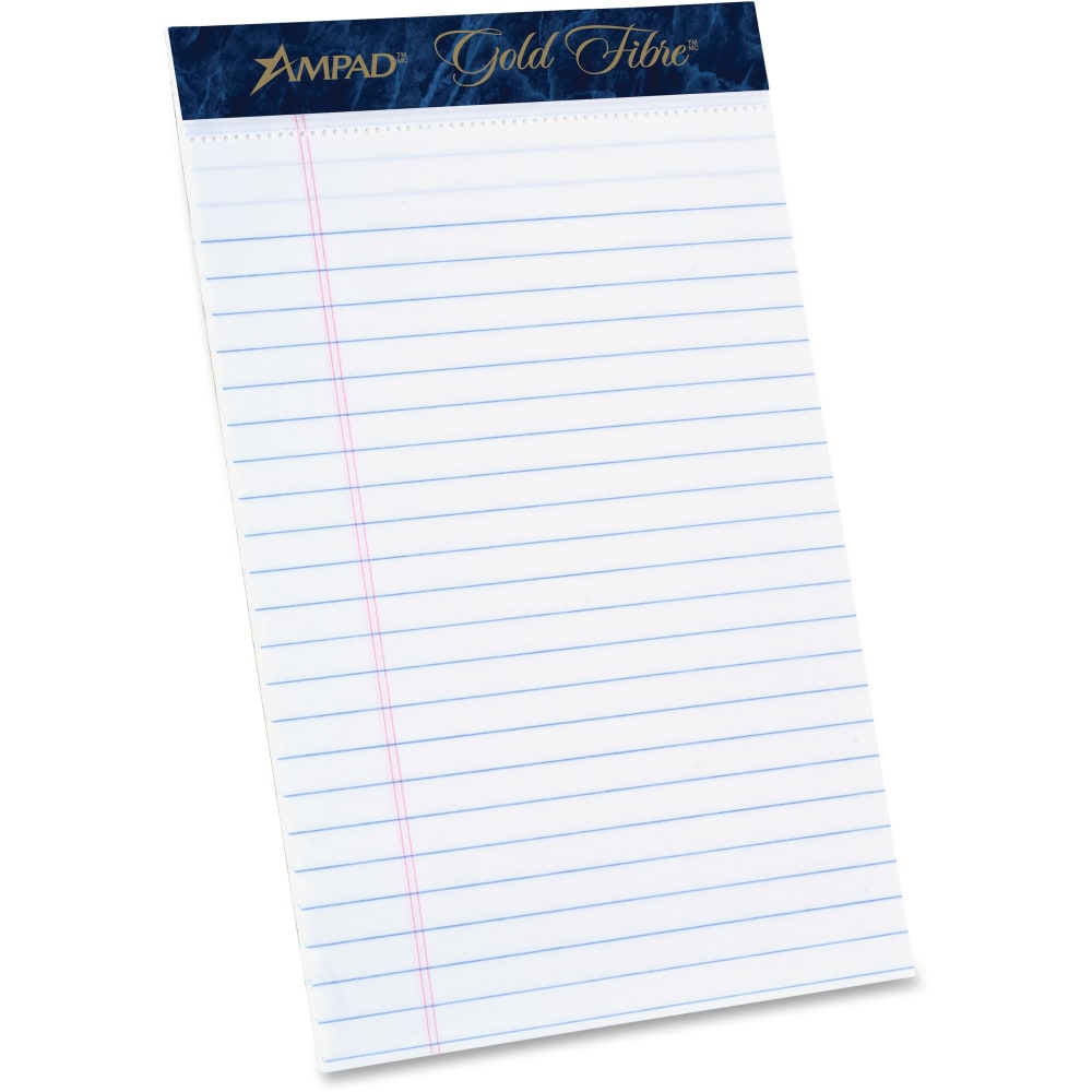 TOPS Ampad Gold Fibre Medium Rule Premium Junior Size Writing Pads - 50 Sheets - Watermark - Stapled/Glued - 16 lb Basis Weight - 5in x 8in - White Paper - Dark Blue Binding - Micro Perforated, Bleed-free, Chipboard Backing - 1 Dozen