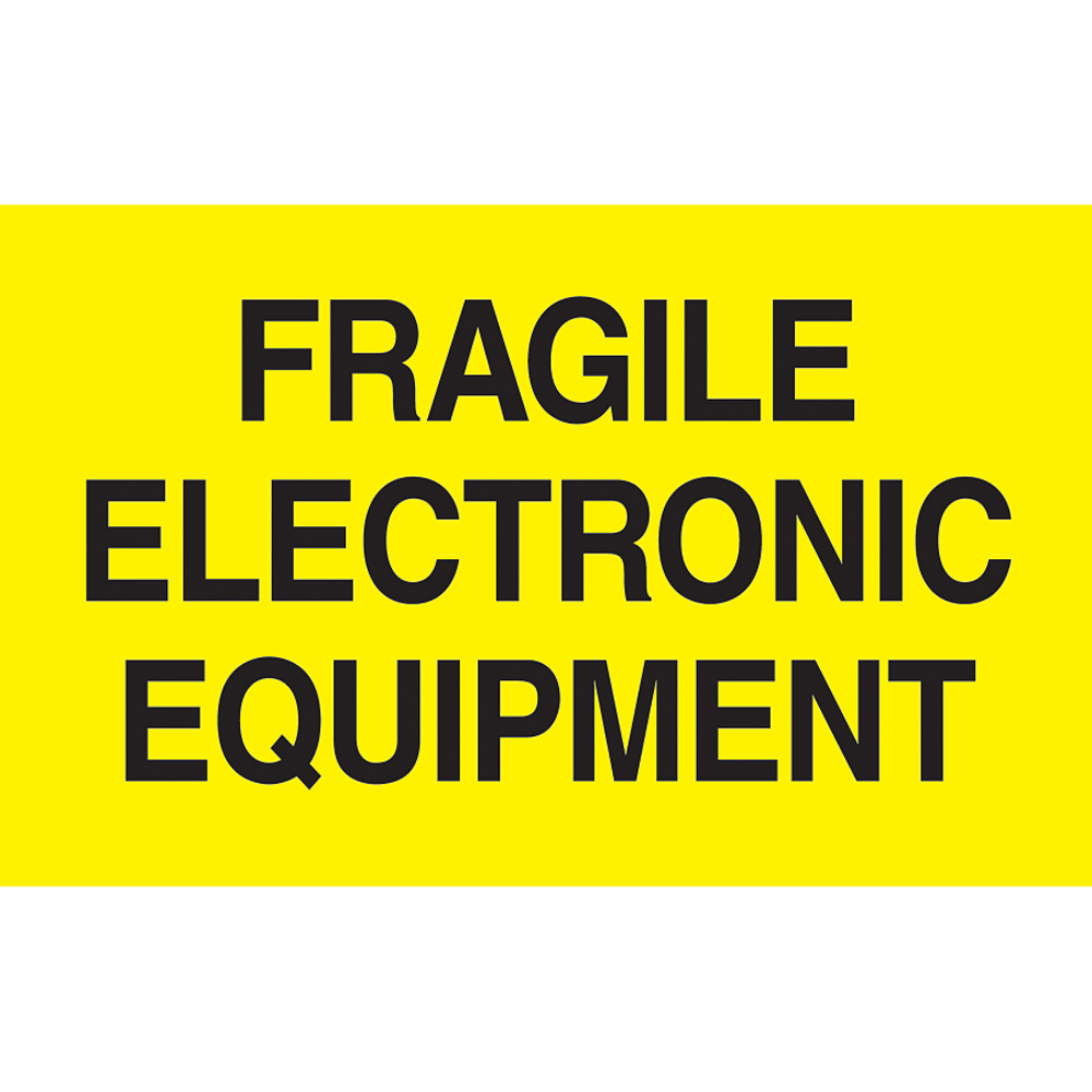 Preprinted Special Handling Labels, DL2441, "Fragile Electronic Equipment", 5in x 3in, Bright Yellow, Roll Of 500