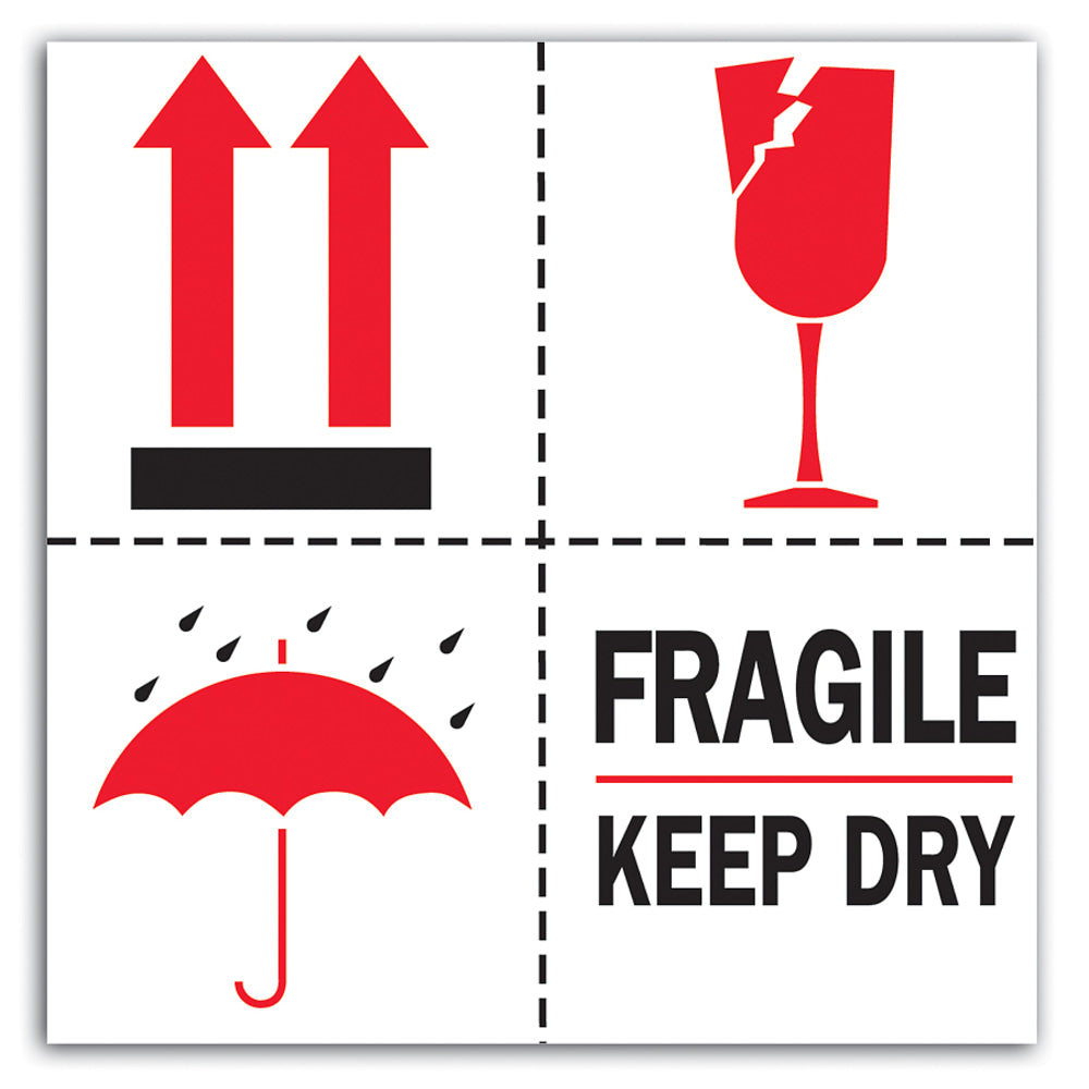 Tape Logic Preprinted International Safe-Handling Labels, DL4420, "Fragile, Keep Dry", 4in x 4in, Red/Black/White, Roll Of 500