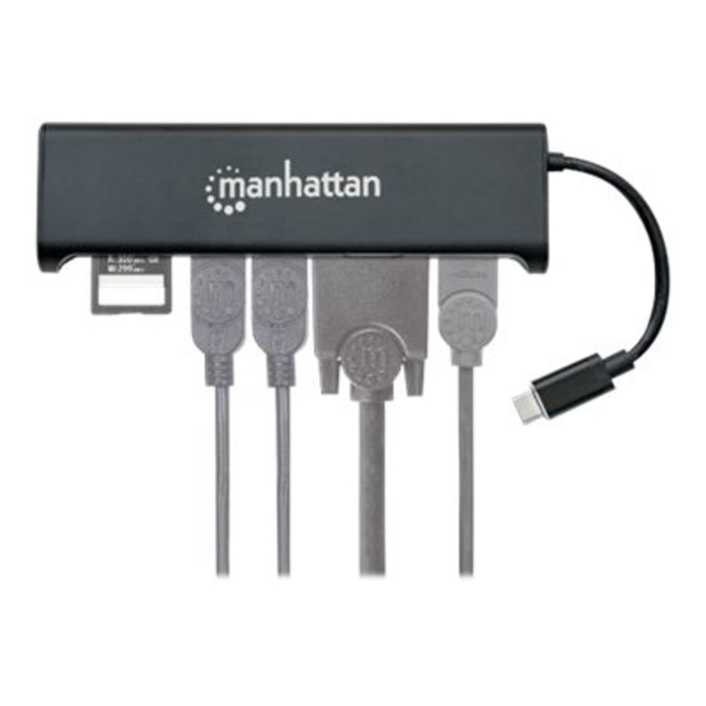 Manhattan SuperSpeed USB-C to HDMI/VGA 4-in-1 Docking Converter - USB 3.1 C Male to HDMI or VGA Converter - Two-Port USB 3.0 Hub and SD Card Reader - Aluminum - Black - UHD 4K@30Hz Video and Audio with HDMI Connection or HD 1080p Video