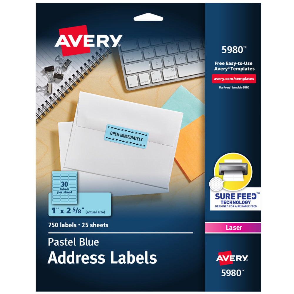 Avery High-Visibility Permanent Laser ID Labels, 5980, 1in x 2 5/8in, Blue Pastel, Pack Of 750
