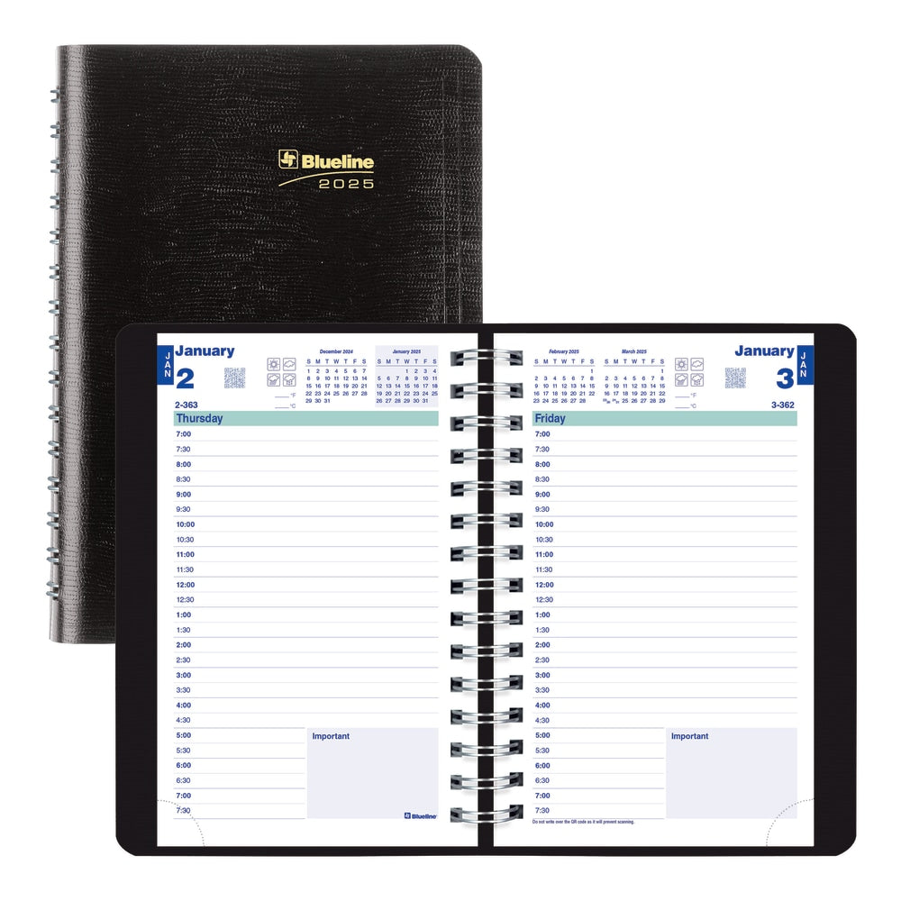 2025 Blueline Plan & Link Daily Appointment Planner, 8in x 5in, 50% Recycled, Black, January To December