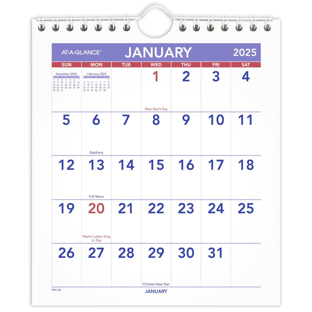2025 AT-A-GLANCE Monthly Wall Calendar, 6-1/2in x 7-1/2in, Traditional, January 2025 To December 2025, PM528