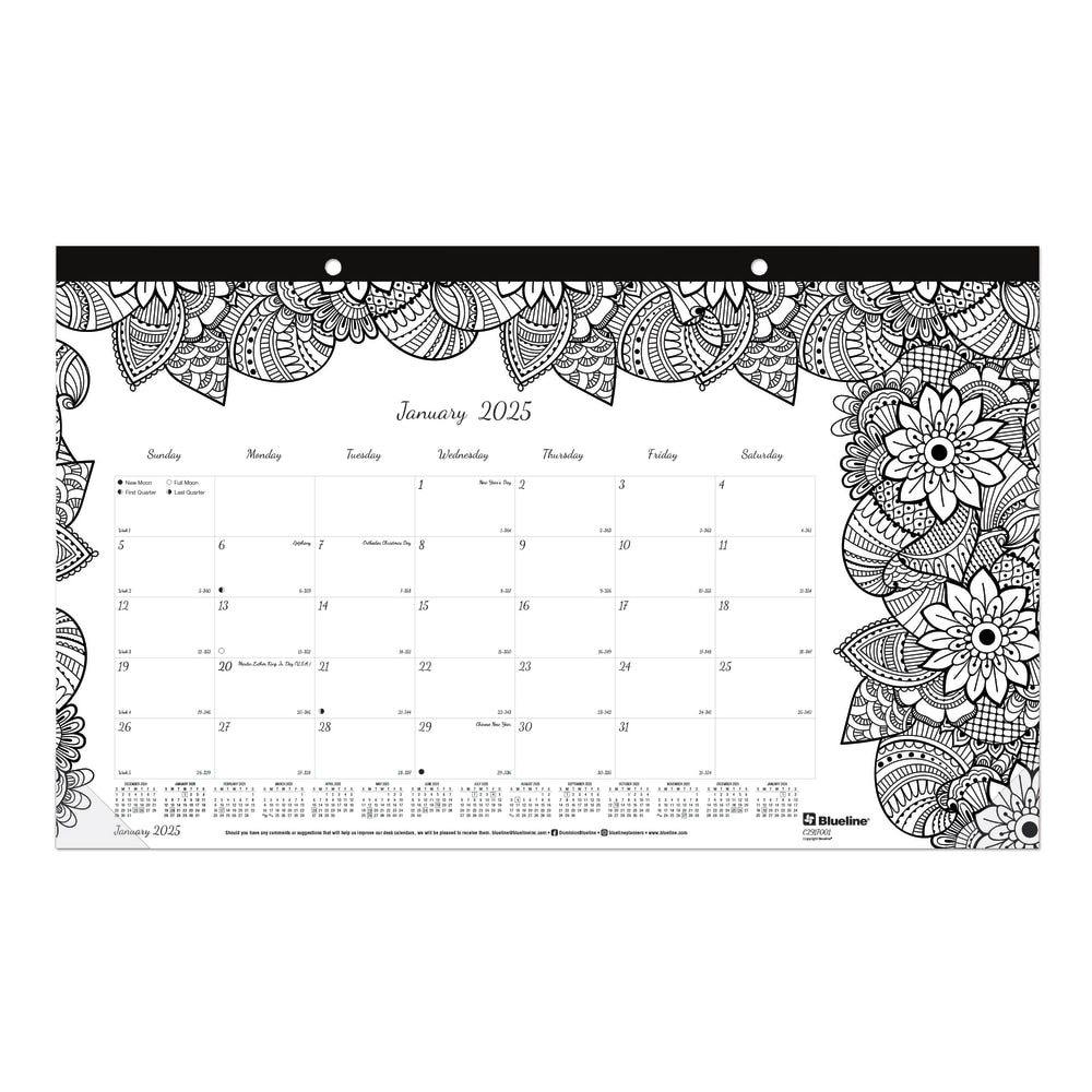 2025 Blueline DoodlePlan Monthly Desk Pad Coloring Calendar, 17-3/4in x 10-7/8in, Botanica, January To December, C2917001