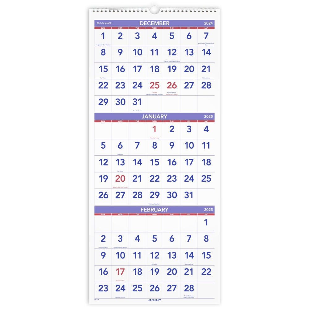 2025-2026 AT-A-GLANCE Monthly 3-Month Reference Vertical Wall Calendar, 12in x 27in, December To February