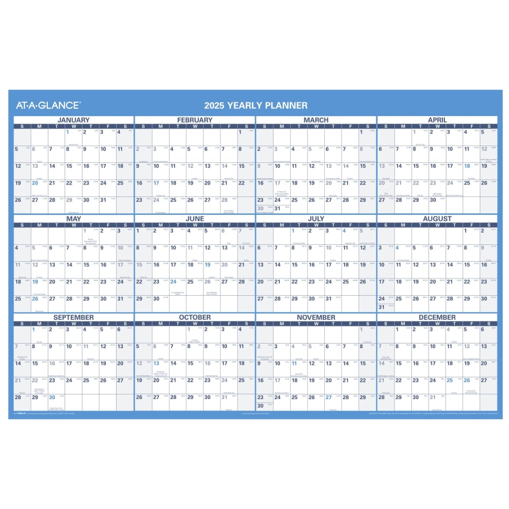 2025 AT-A-GLANCE Horizontal Reversible Erasable Yearly Wall Calendar, 48in x 32in, Blue, January To December