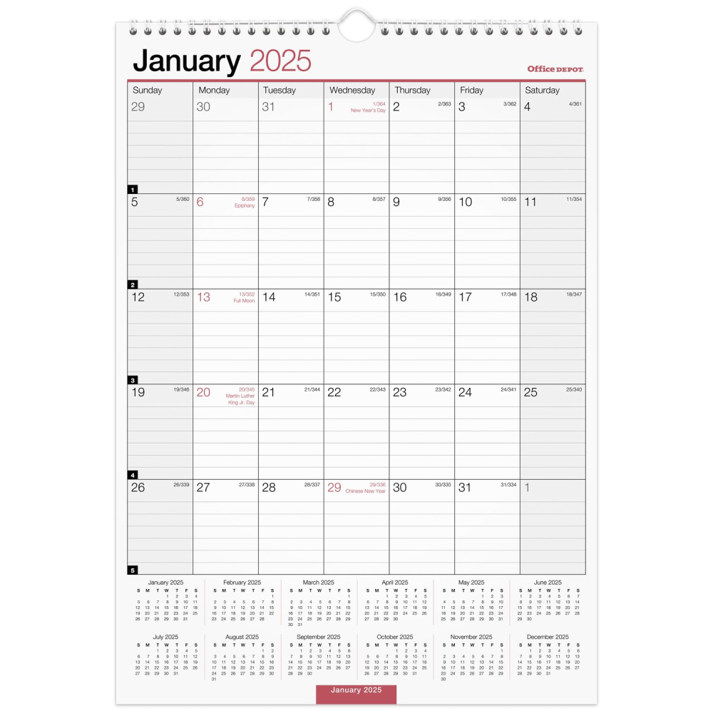 2025 Office Depot Monthly Wall Calendar, 12in x 17in, Traditional, January 2025 To December 2025, OD30162825
