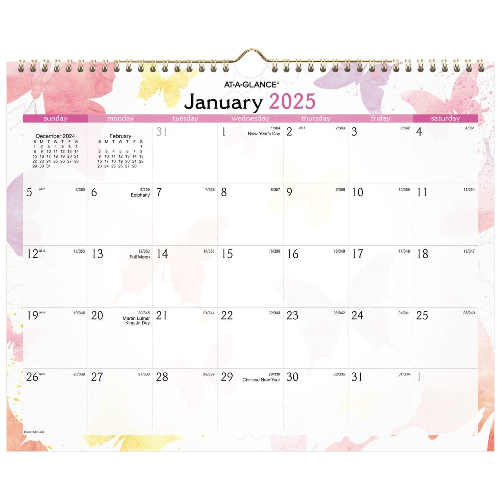 2025 AT-A-GLANCE Monthly Wall Calendar, 15in x 12in, Watercolors, January 2025 To December 2025, PM91-707
