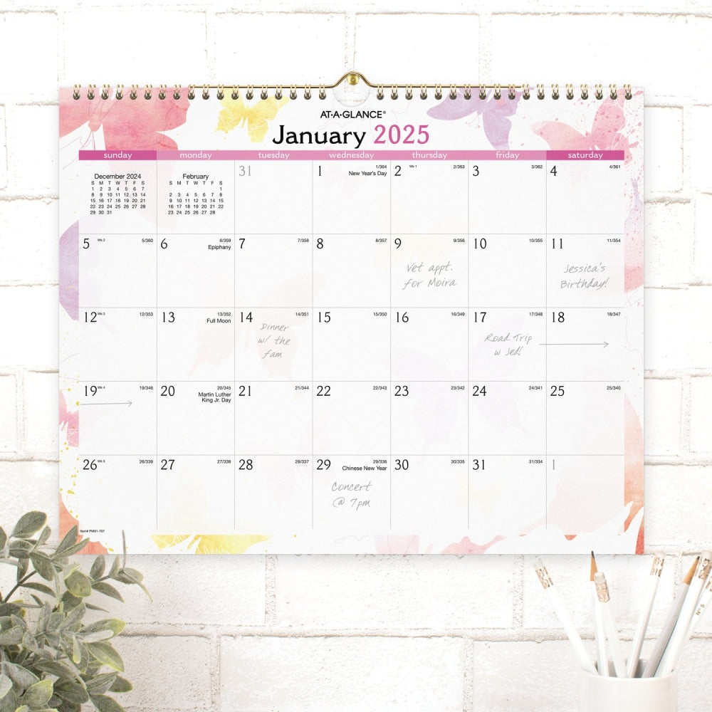 2025 AT-A-GLANCE Monthly Wall Calendar, 15in x 12in, Watercolors, January 2025 To December 2025, PM91-707