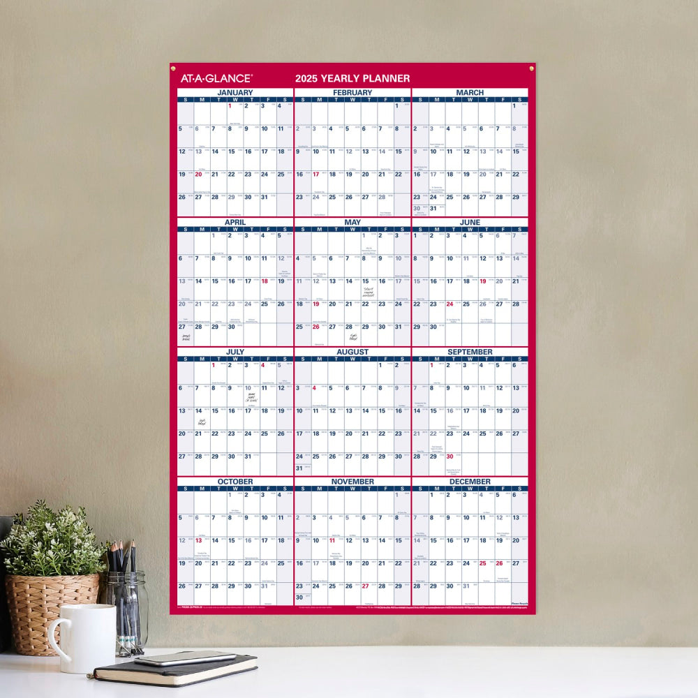2025 AT-A-GLANCE Vertical Erasable Wall Calendar With Marker, 36in x 24in, Traditional, January 2025 To December 2025, PM262825