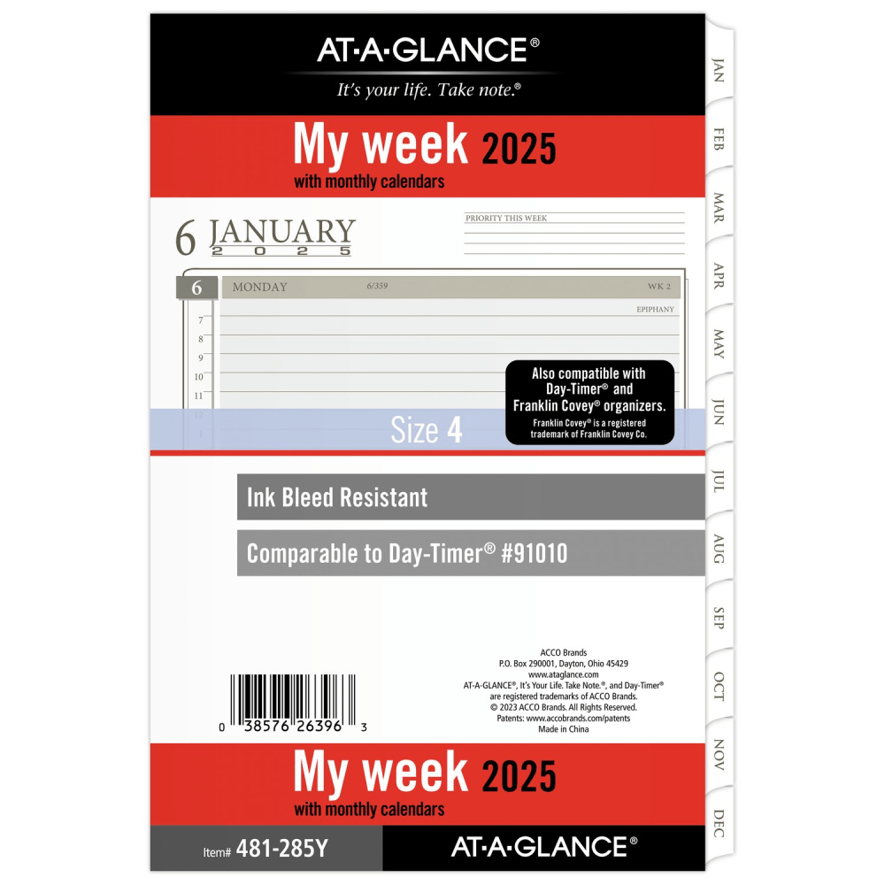 2025 AT-A-GLANCE Weekly/Monthly Planner Refill, 5-1/2in x 8-1/2in, Traditional, January 2025 To December 2025, 481-285Y