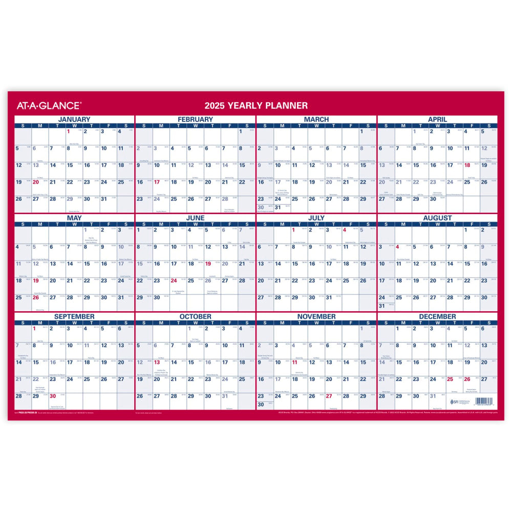 2025 AT-A-GLANCE Vertical Erasable Wall Calendar With Marker, 36in x 24in, Traditional, January 2025 To December 2025, PM262825
