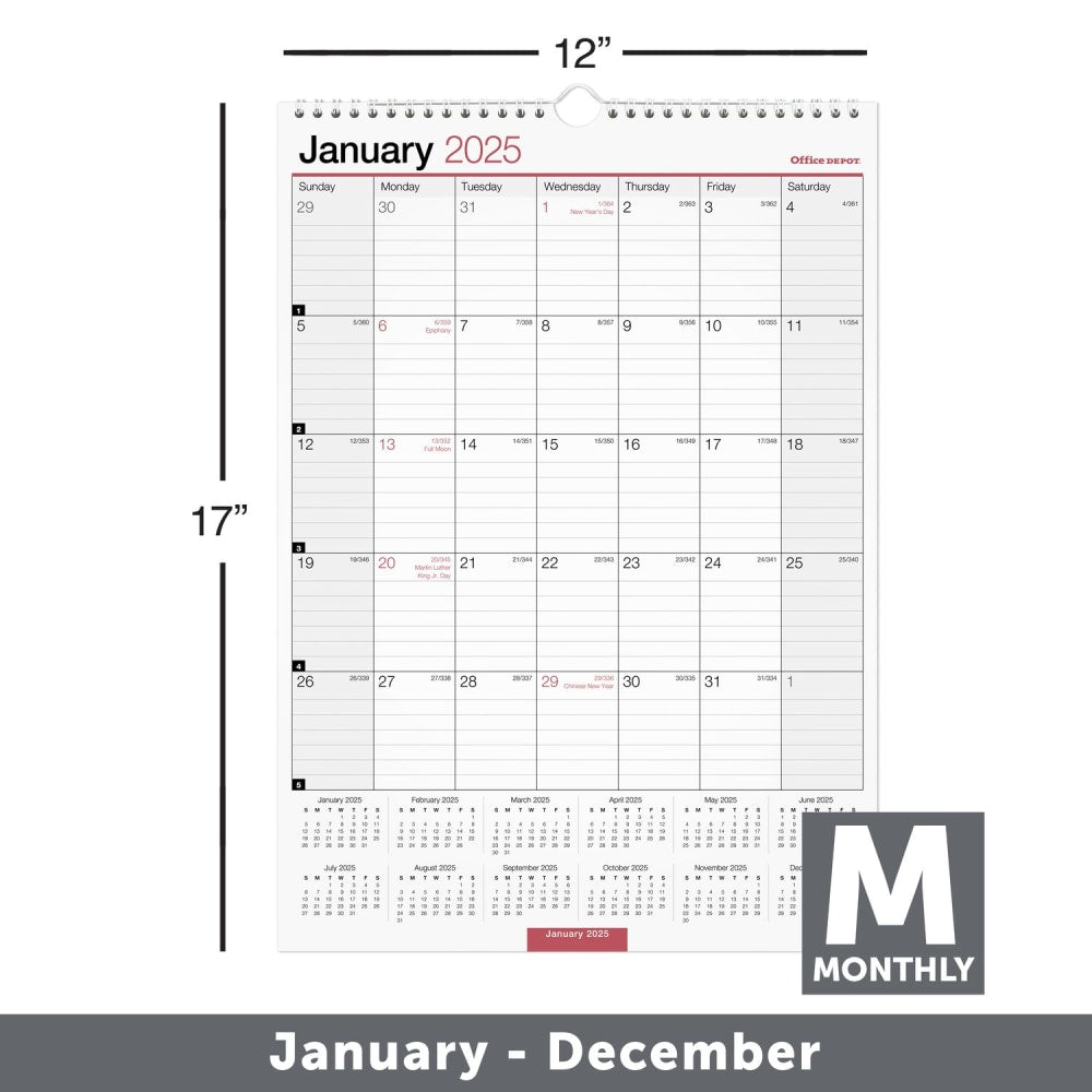2025 Office Depot Monthly Wall Calendar, 12in x 17in, Traditional, January 2025 To December 2025, OD30162825