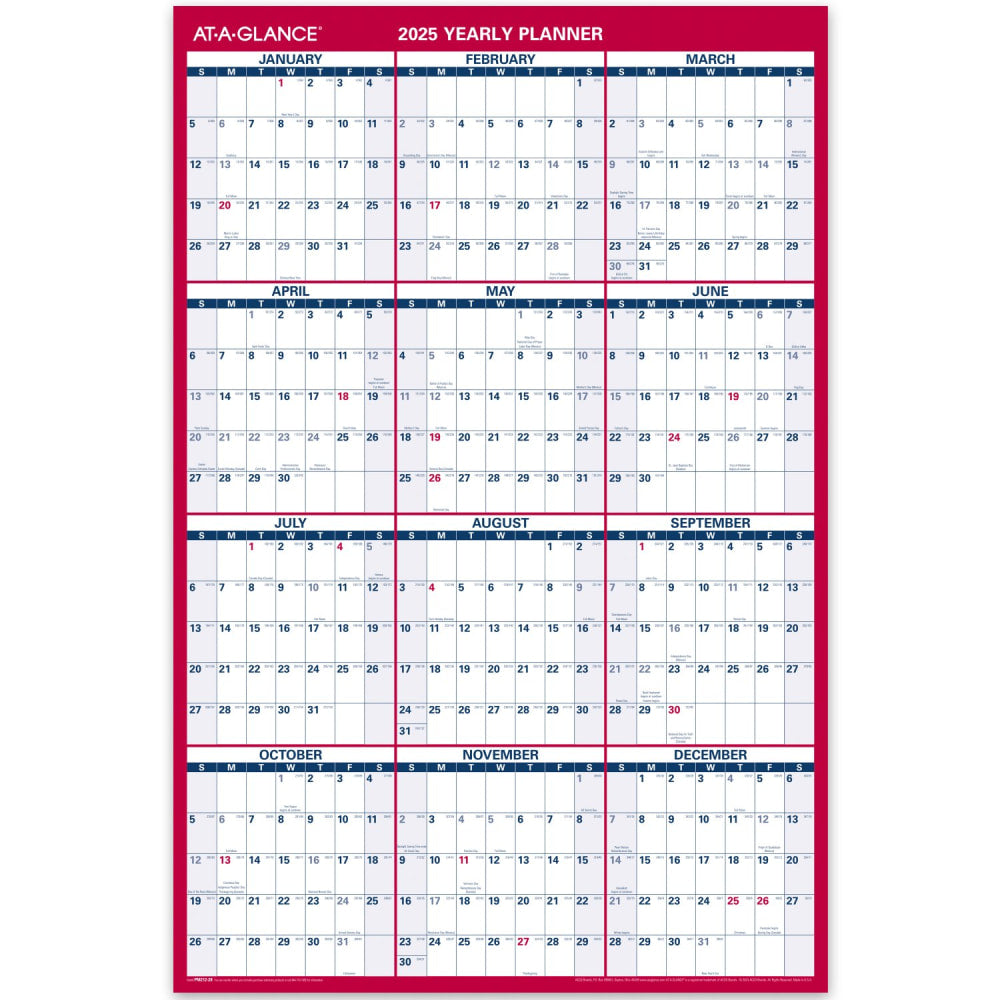 2025 AT-A-GLANCE Reversible Yearly Wall Calendar, 24in x 36in, Traditional, January 2025 To December 2025, PM21228