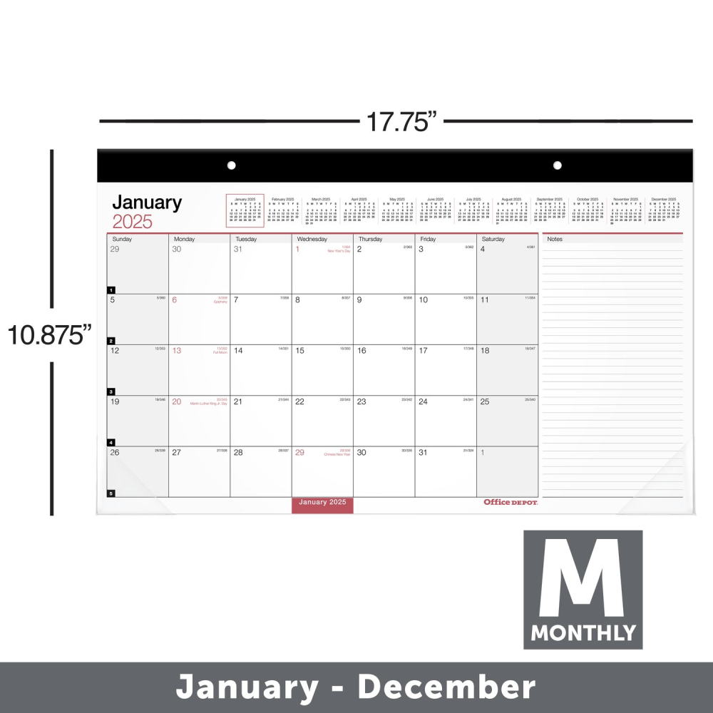 2025 Office Depot Monthly Desk Pad Calendar, 17-3/4in x 11in, Traditional, January 2025 To December 2025, OD201000