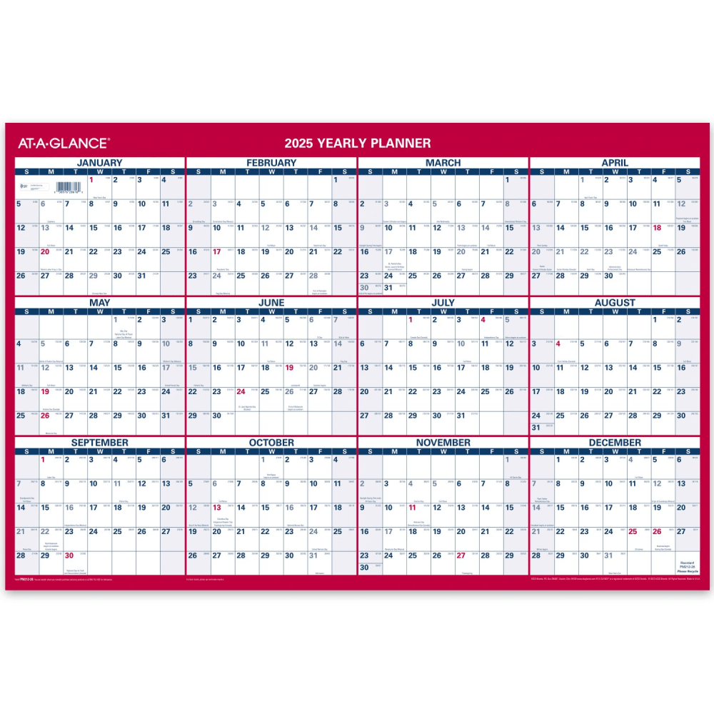 2025 AT-A-GLANCE Reversible Yearly Wall Calendar, 24in x 36in, Traditional, January 2025 To December 2025, PM21228