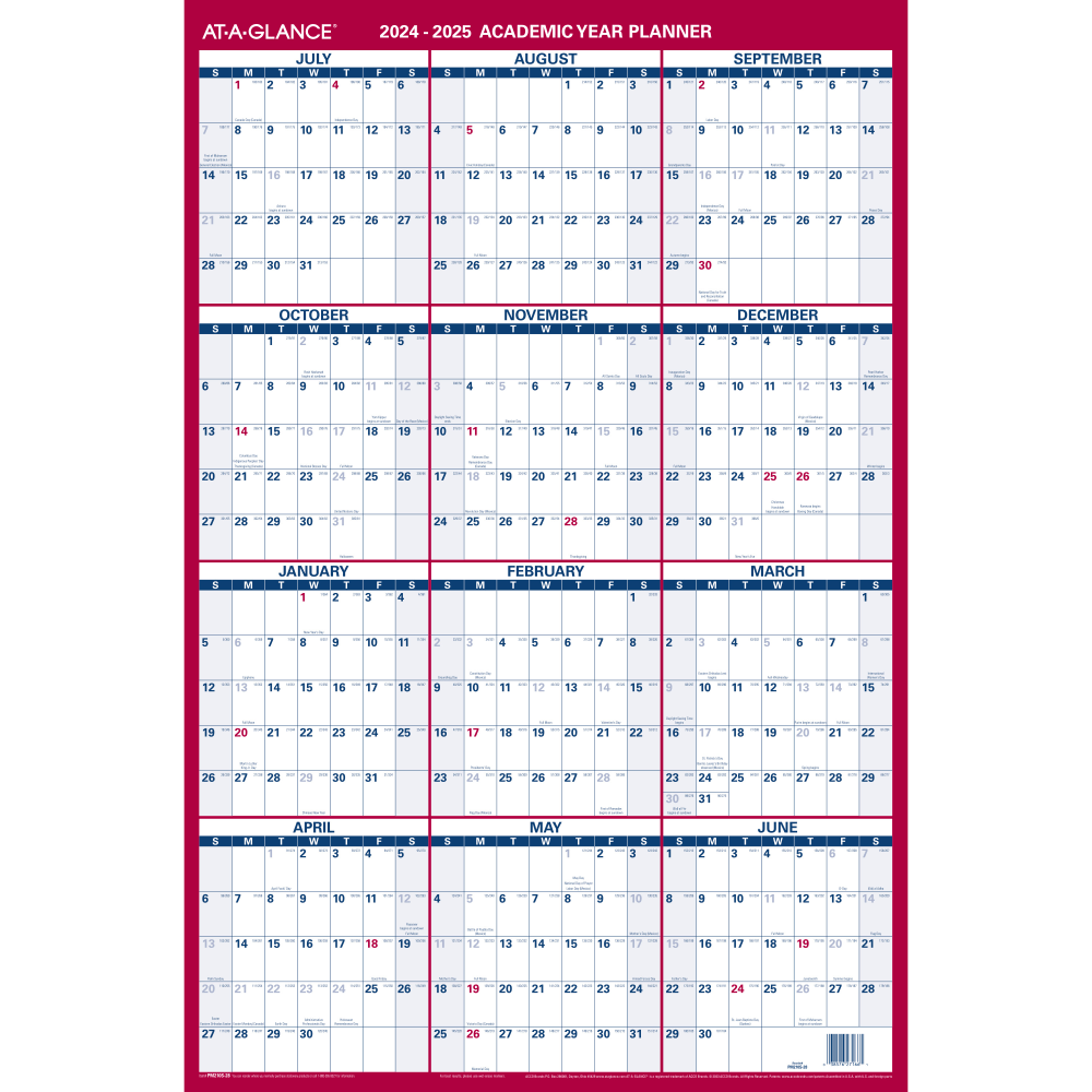 2024-2025 AT-A-GLANCE Vertical Reversible Erasable Academic Yearly Wall Calendar, 36in x 24in, Multicolor