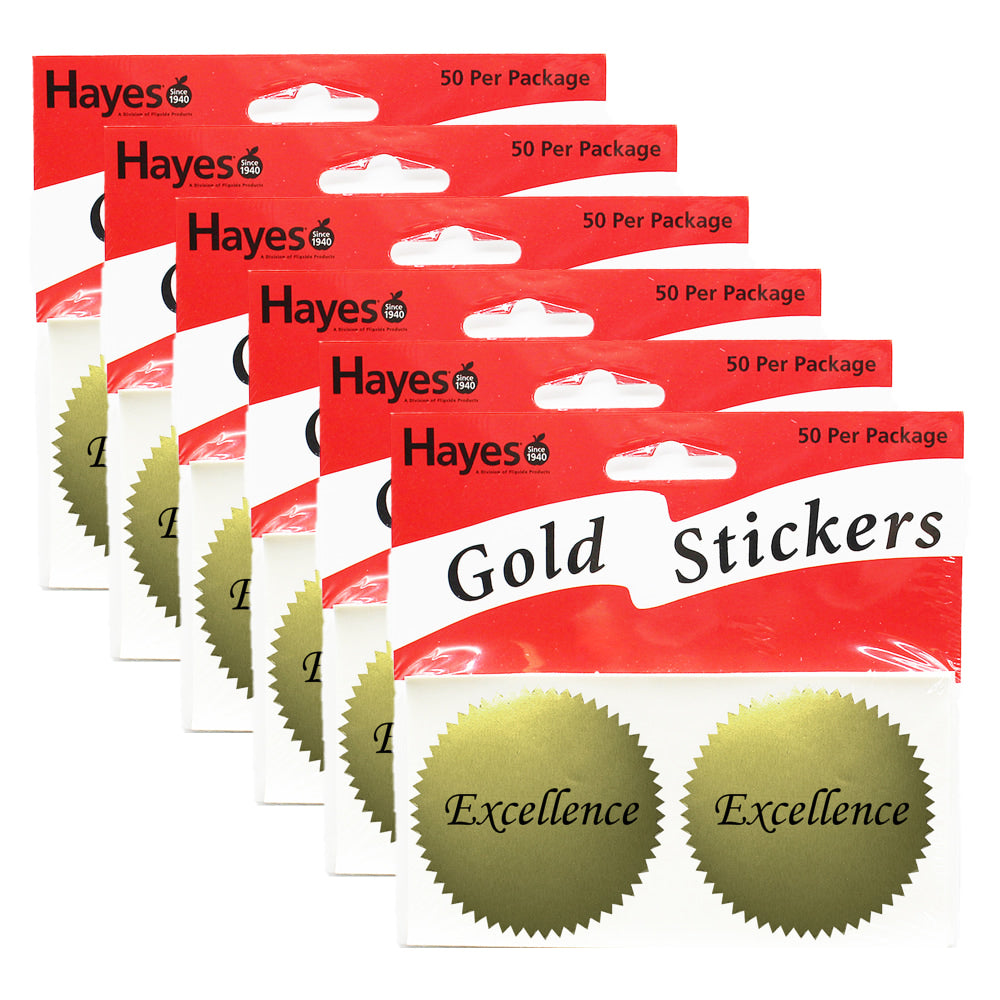 Hayes Publishing Gold Certificate Seals, 2in, Excellence, 50 Seals Per Pack, Set Of 6 Packs