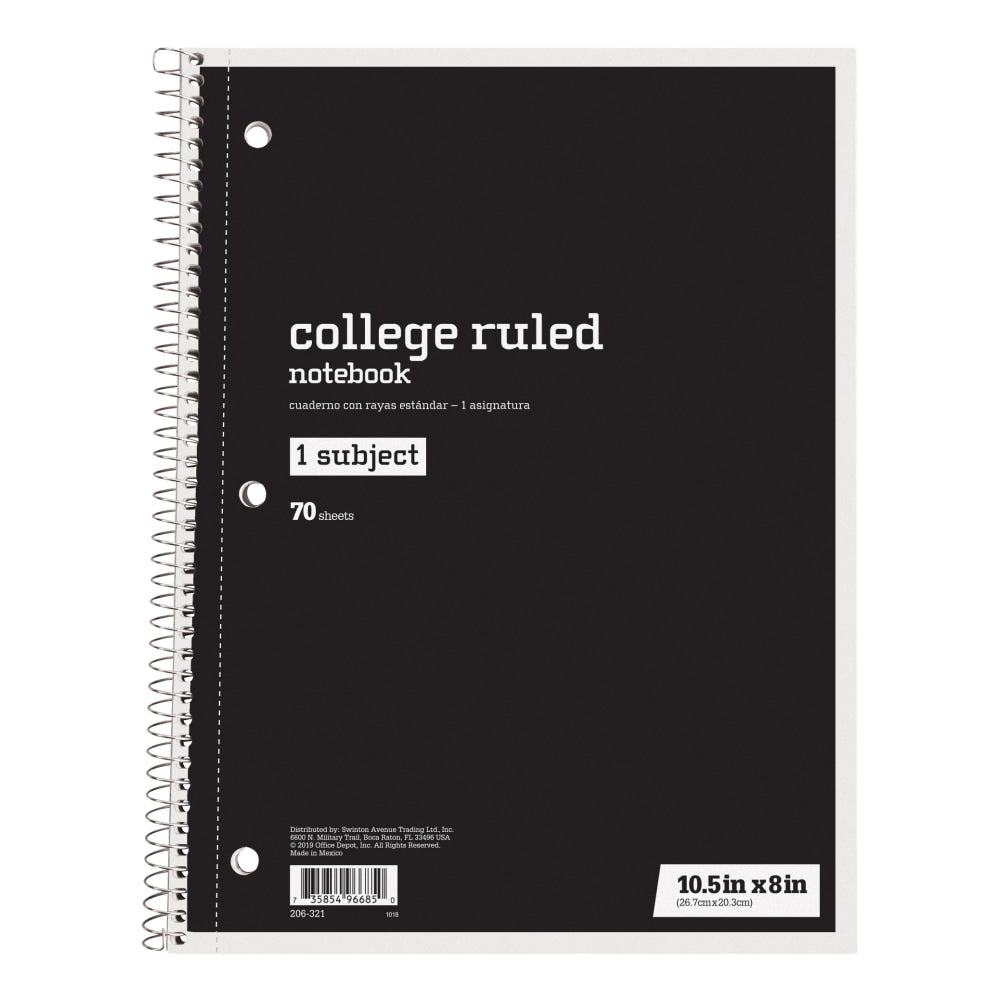 Just Basics Spiral Notebook, 8in x 10-1/2in, College Ruled, 70 Sheets, Black