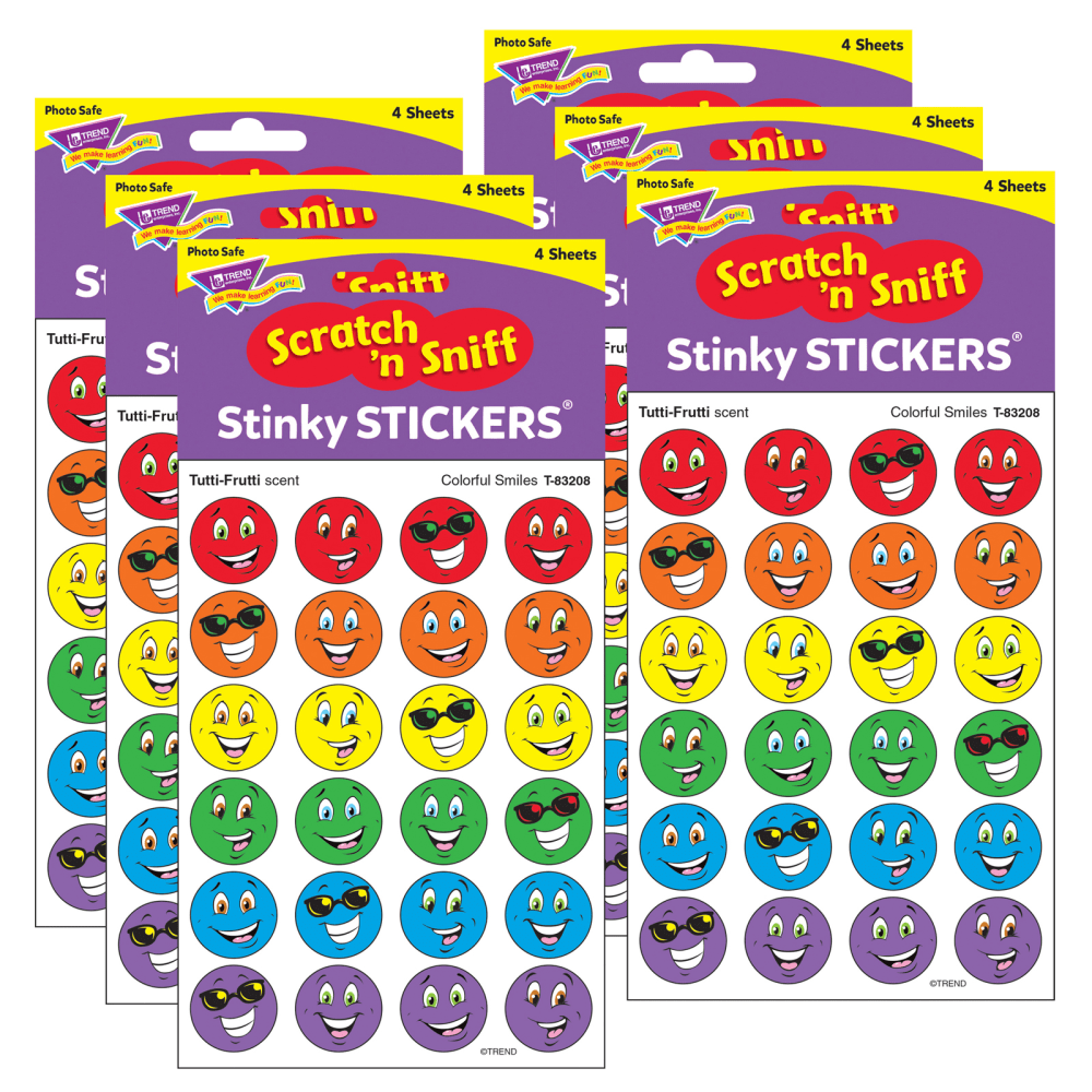 Trend Stinky Stickers, Colorful Smiles/Tutti-Frutti, 96 Stickers Per Pack, Set Of 6 Packs