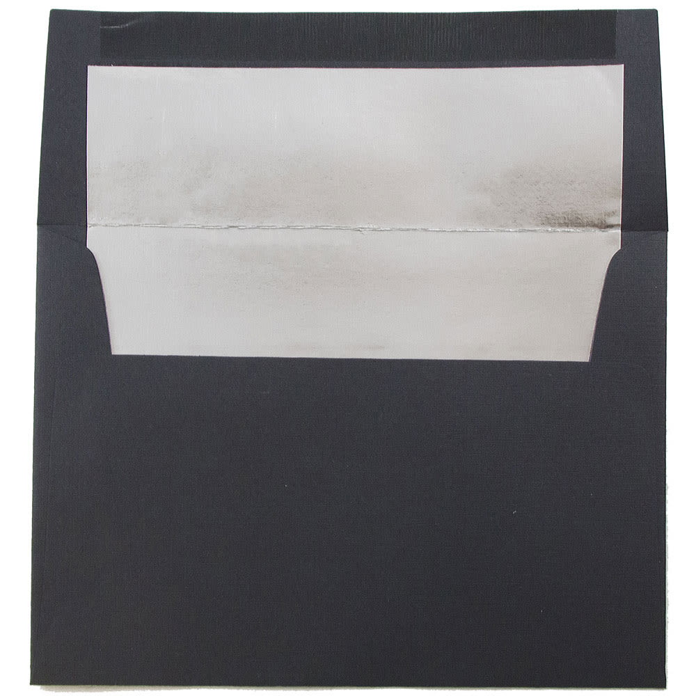 JAM Paper Foil-Lined Booklet Invitation Envelopes, A6, Gummed Seal, 30% Recycled, Black/Silver, Pack Of 25