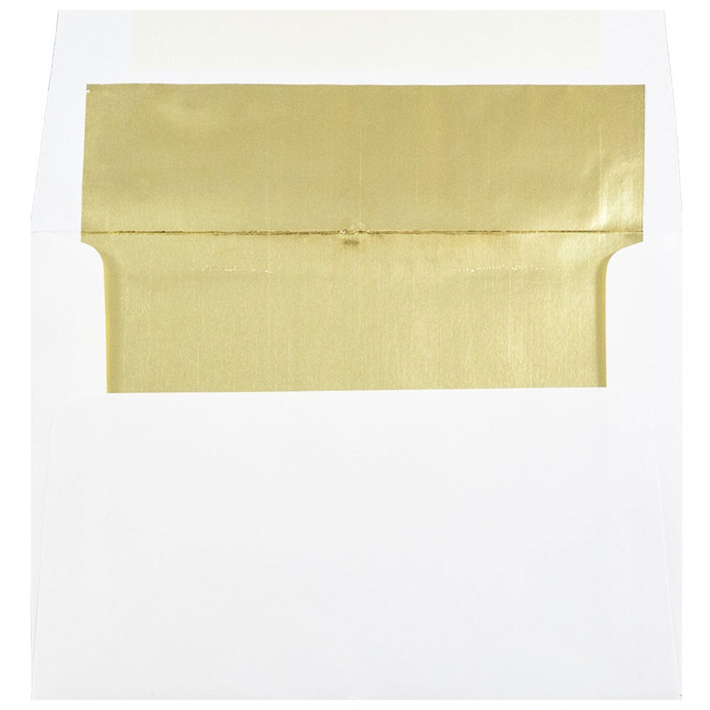 JAM Paper Foil-Lined Booklet Invitation Envelopes, A7, Gummed Seal, Gold/White, Pack Of 25