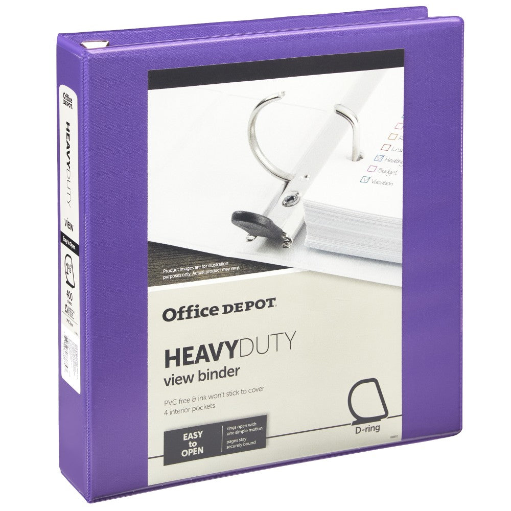 Office Depot Heavy-Duty View 3-Ring Binder, 1 1/2in D-Rings, 49% Recycled, Purple