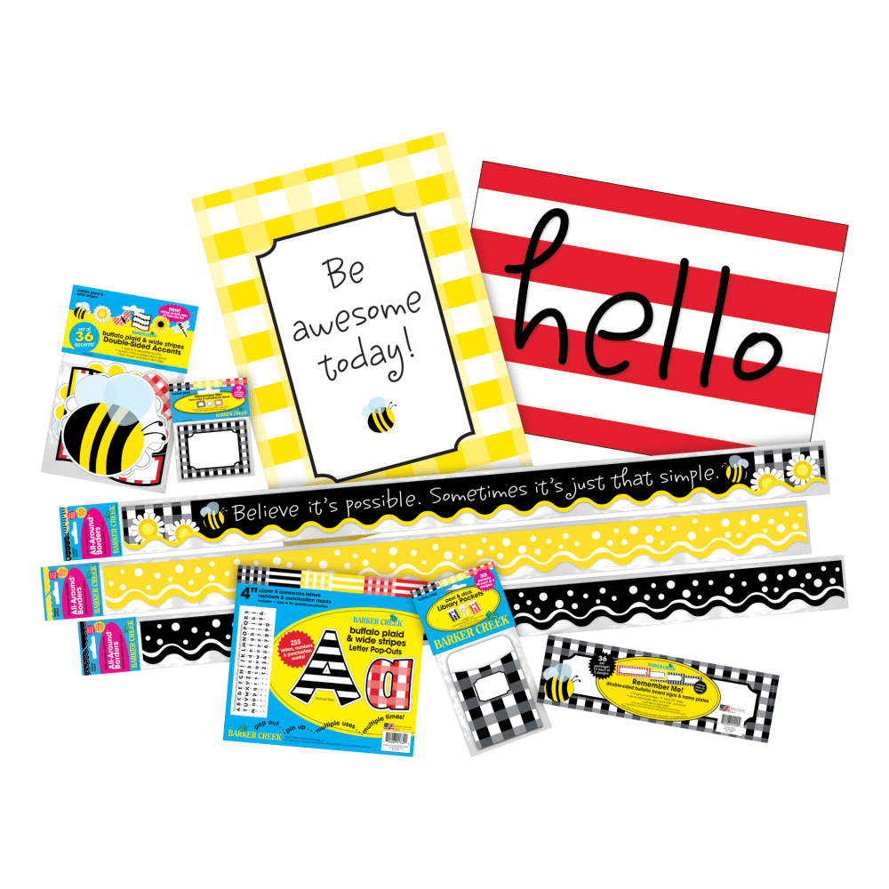 Barker Creek Classroom Decor Set, Be Awesome Buffalo Plaid And Wide Stripes, Pre-K To College