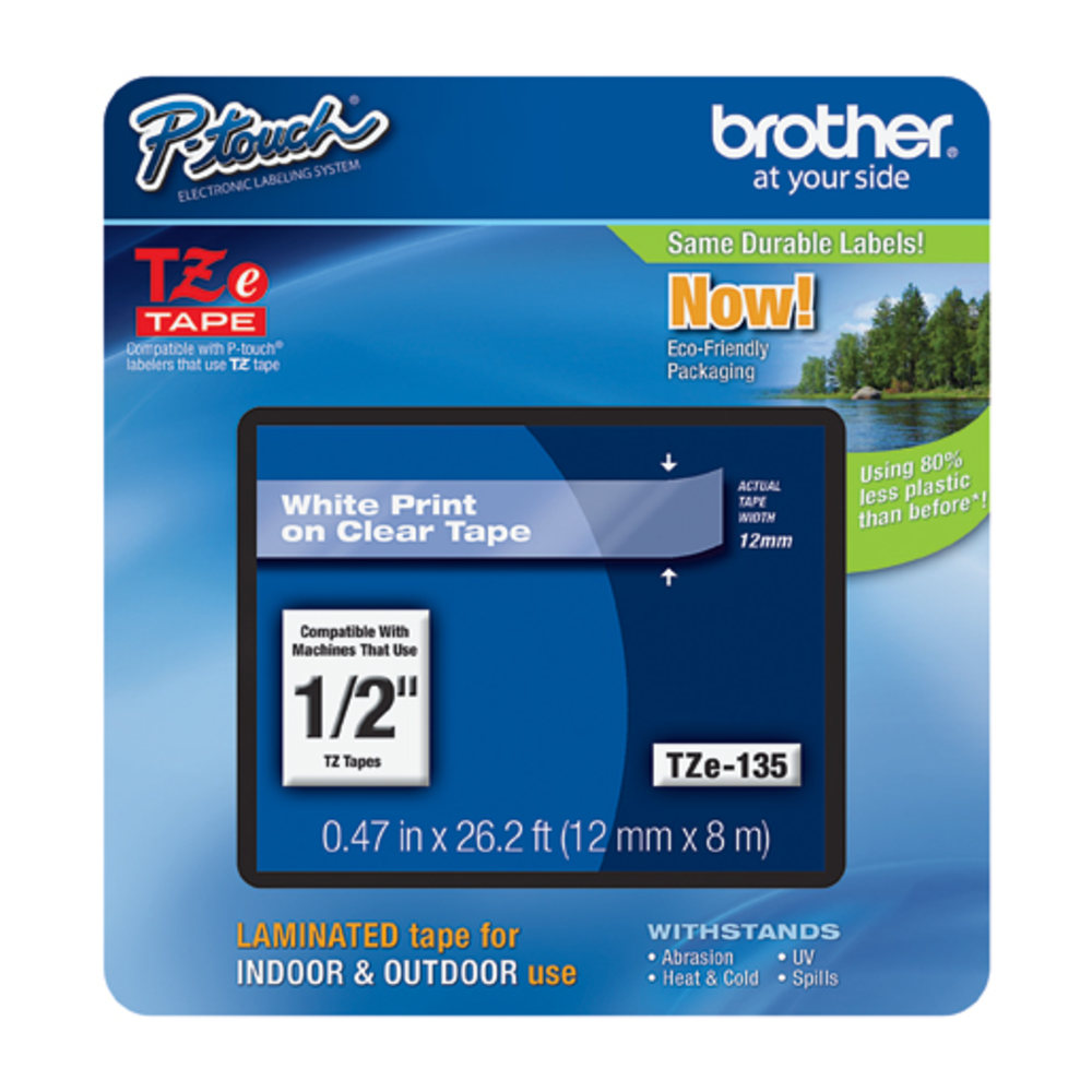 Brother P-touch TZe Laminated Tape Cartridges, 1/2inW, White, Clear