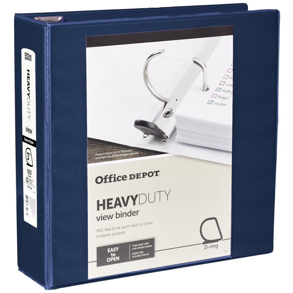 Office Depot Heavy-Duty View 3-Ring Binder, 3in D-Rings, Navy