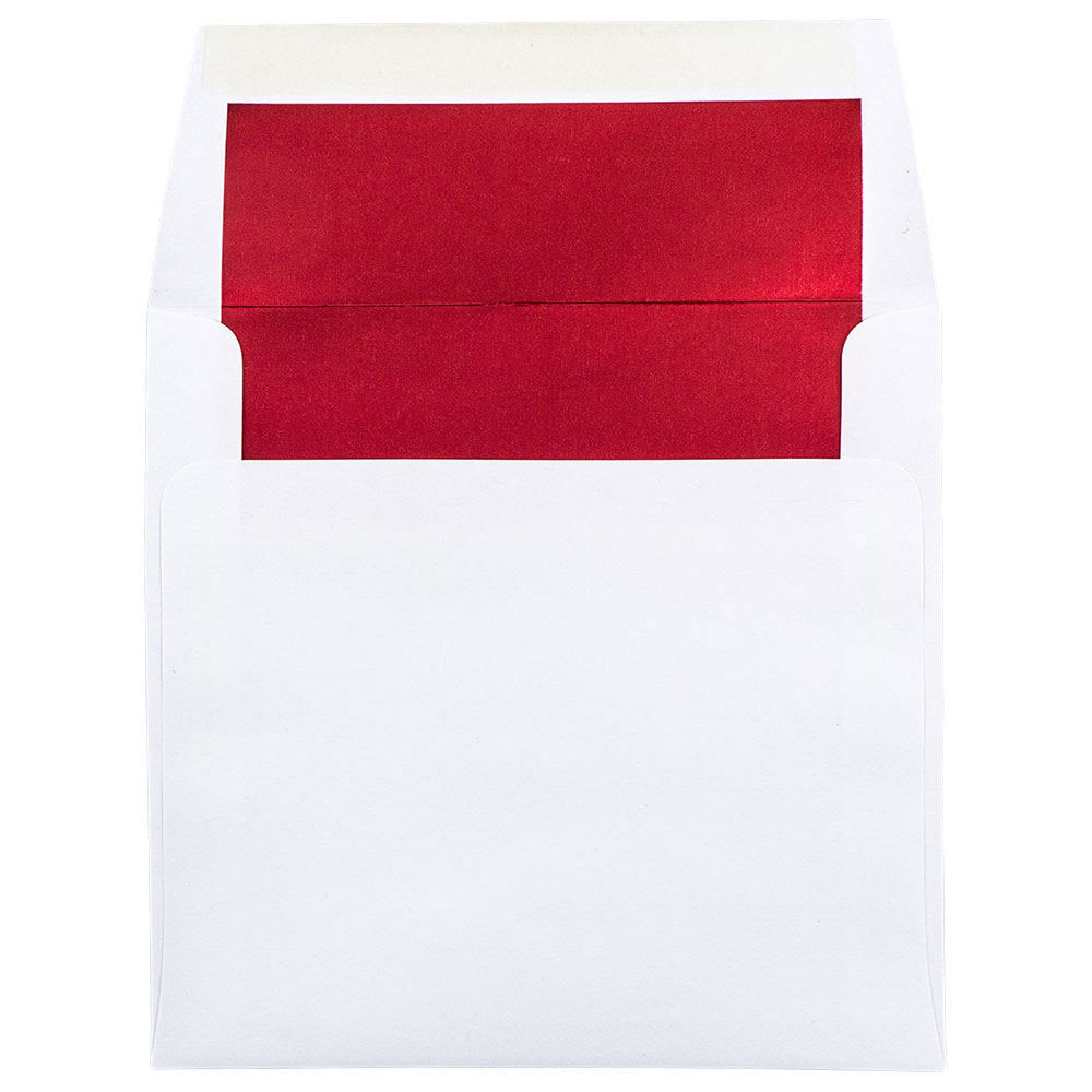 JAM Paper Foil-Lined Invitation Envelopes, 6in x 6in, Gummed Seal, Red/White, Pack Of 25