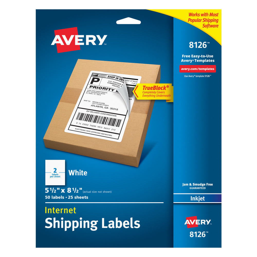 Avery TrueBlock Permanent Inkjet Shipping Labels, Internet, 8126, 5 1/2in x 8 1/2in, White, Pack Of 50