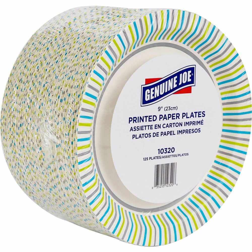Genuine Joe Round Paper Plates, 8-5/8in, Multicolor, Pack of 125 Plates.
