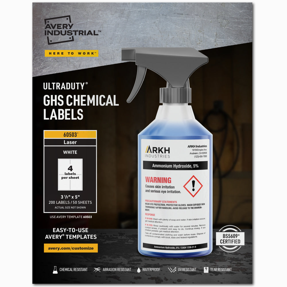 Avery UltraDuty GHS Chemical Labels For Laser Printers, Waterproof, UV Resistant, 60503, Rectangle, 3-1/2in x 5in, White, Pack Of 200