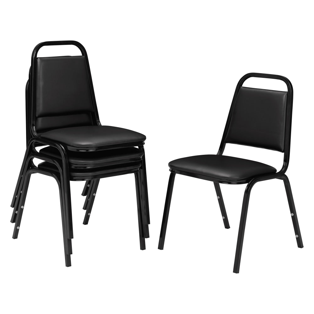 National Public Seating Square Back Padded Vinyl Seat, Banquet Stack Chair, 15 3/4in Seat Width, Black Seat/Black Frame, Set of 4