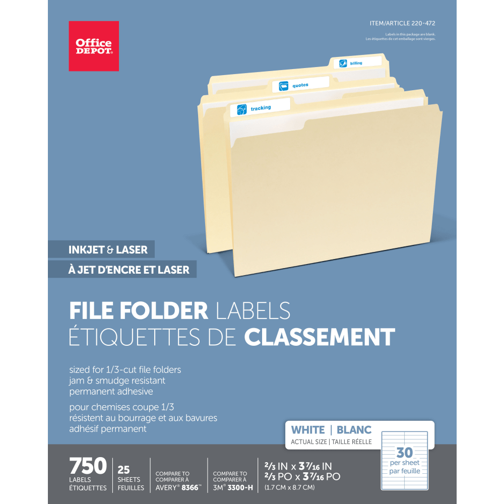Office Depot Brand Permanent File Folder Labels, Rectangle, 2/3in x 3 7/16in, White, Pack Of 750