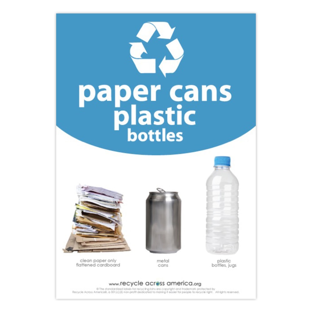 Recycle Across America Paper, Cans And Plastic Standardized Recycling Label, PCP-1007, 10in x 7in, Light Blue