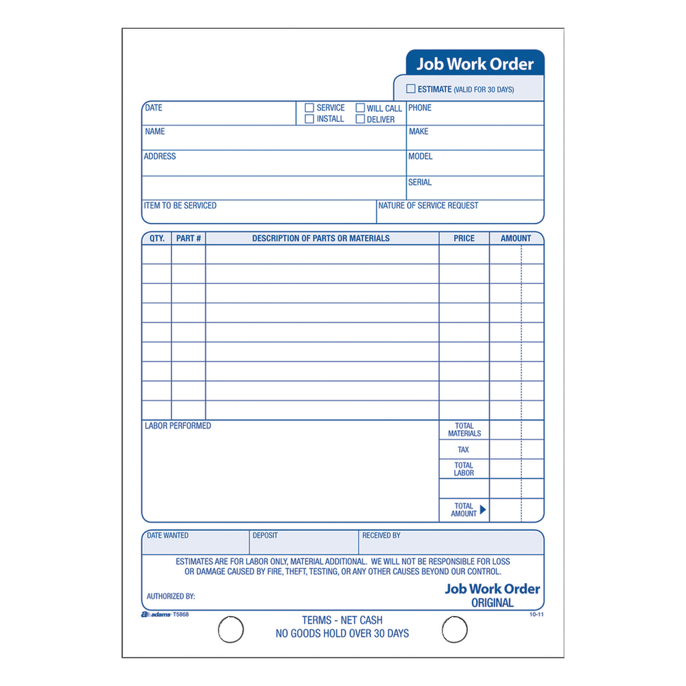 Adams Carbonless Job Work Order Book, 5 9/16in x 8 7/16in, 3-Part, White/Canary/White Tag