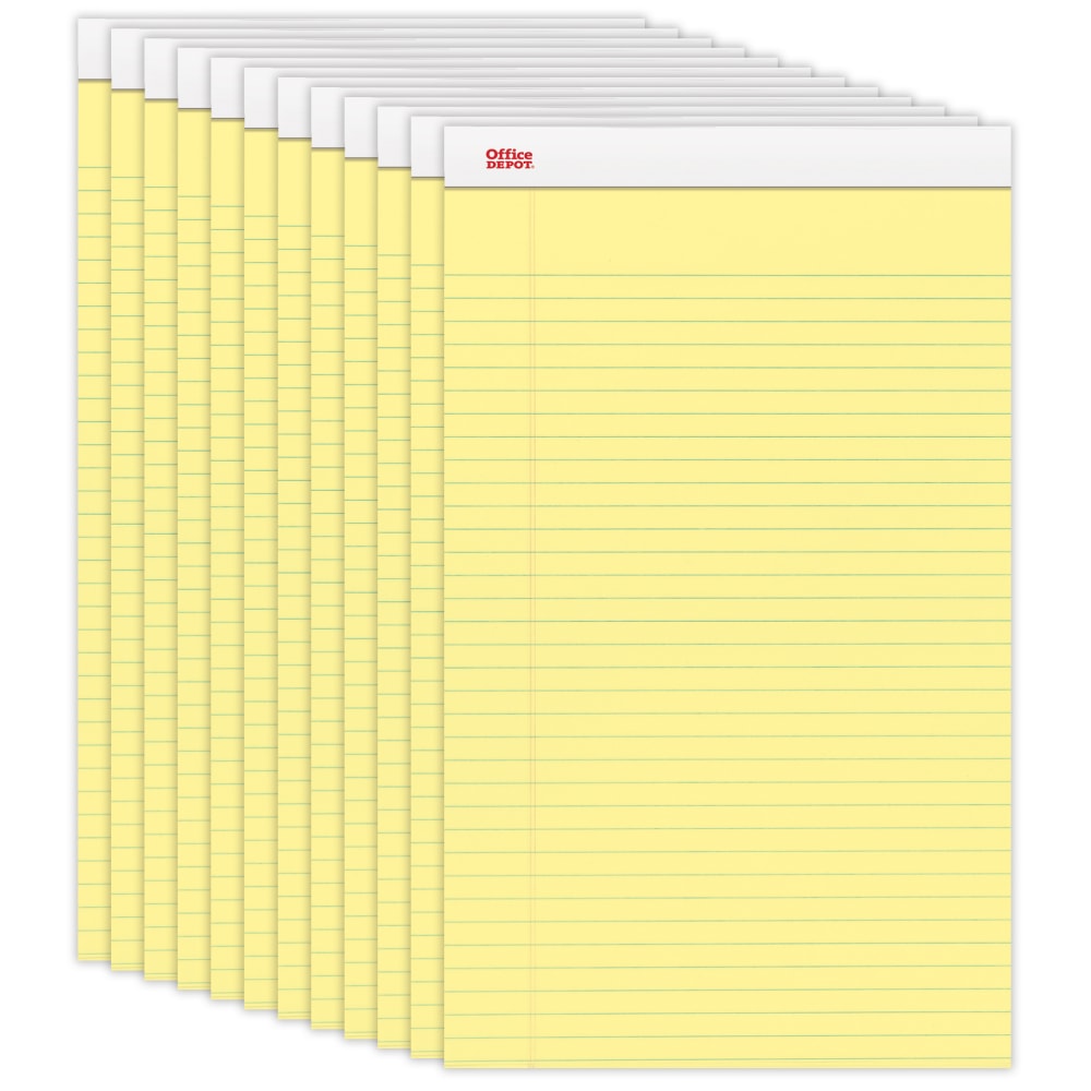 Office Depot Brand Writing Pads, 8 1/2in x 14in, Legal/Wide Ruled, 50 Sheets, Canary, Pack Of 12 Pads
