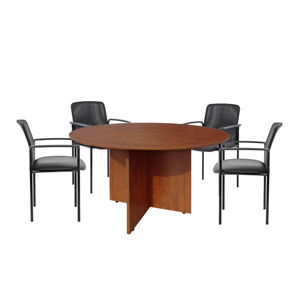 Boss Office Products 47in Round Table And Stackable Mesh Chairs Set, Cherry/Black