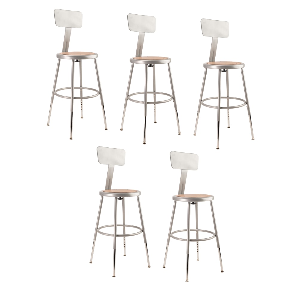 National Public Seating Adjustable Hardboard Stools With Backs, 19in-27inH, Gray, Set of 5