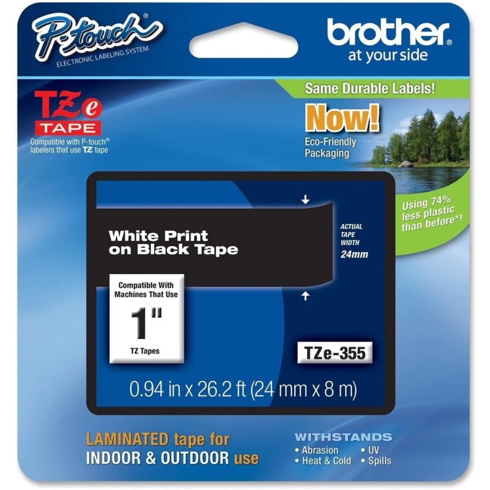 Brother TZE-355 Label Tape, 1in x 26 1/4ft, White On Black