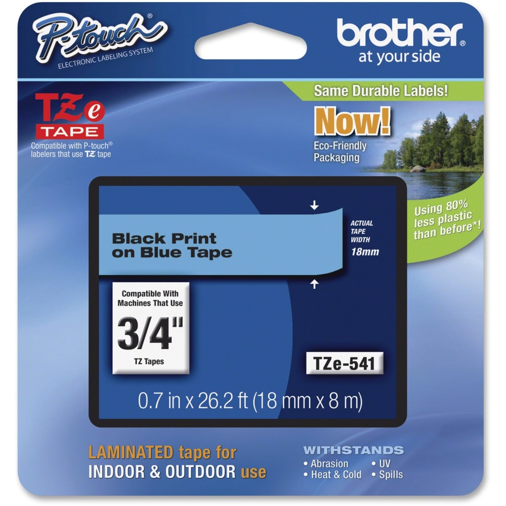 Brother P-Touch TZe Flat Surface Laminated Tape - Permanent Adhesive - 45/64in Width x 26 1/4 ft Length - Thermal Transfer - Blue, Black - 1 Each
