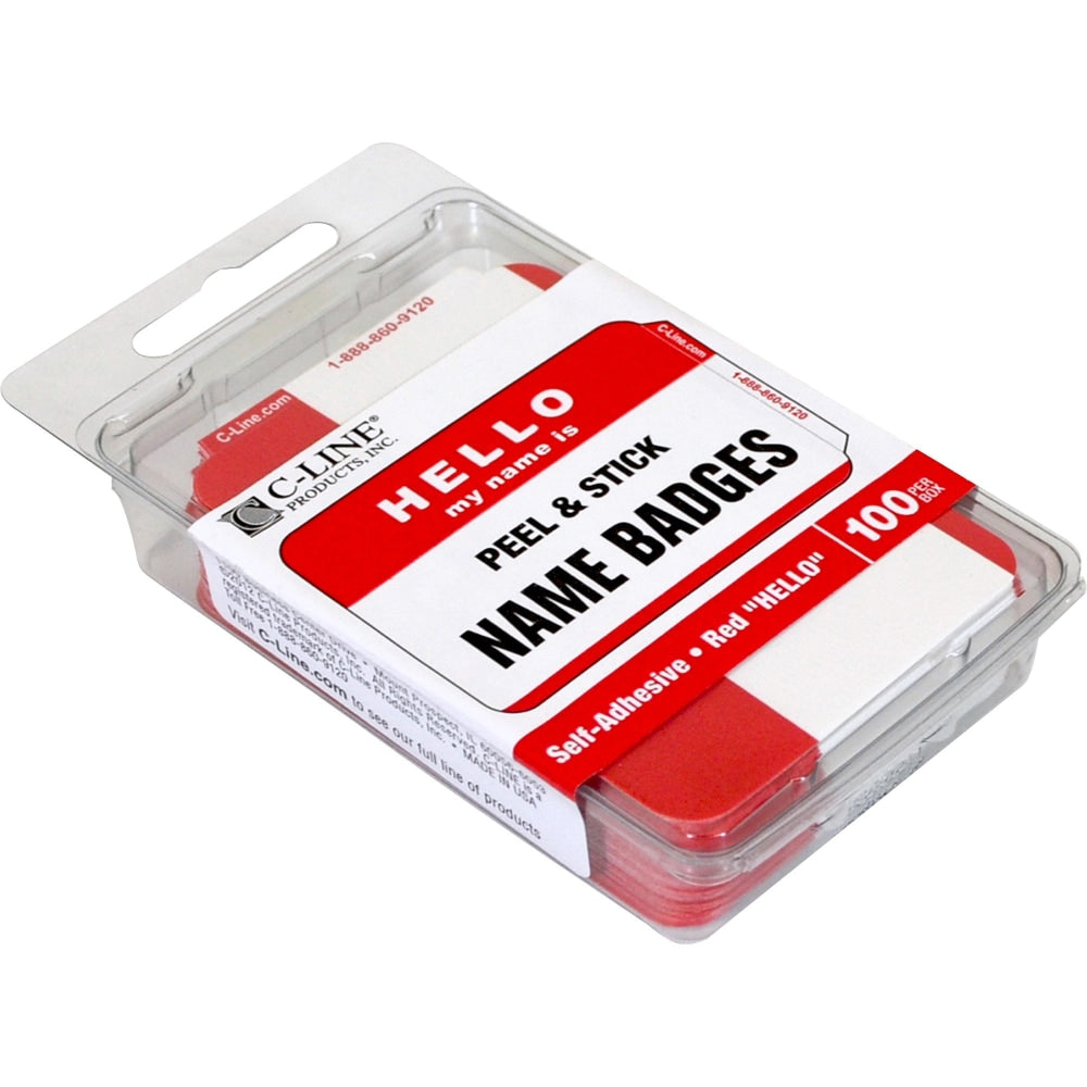 C-Line HELLO my name is.. Name Tags - Red, Peel & Stick, 3-1/2 x 2-1/4, 100/BX, 92234