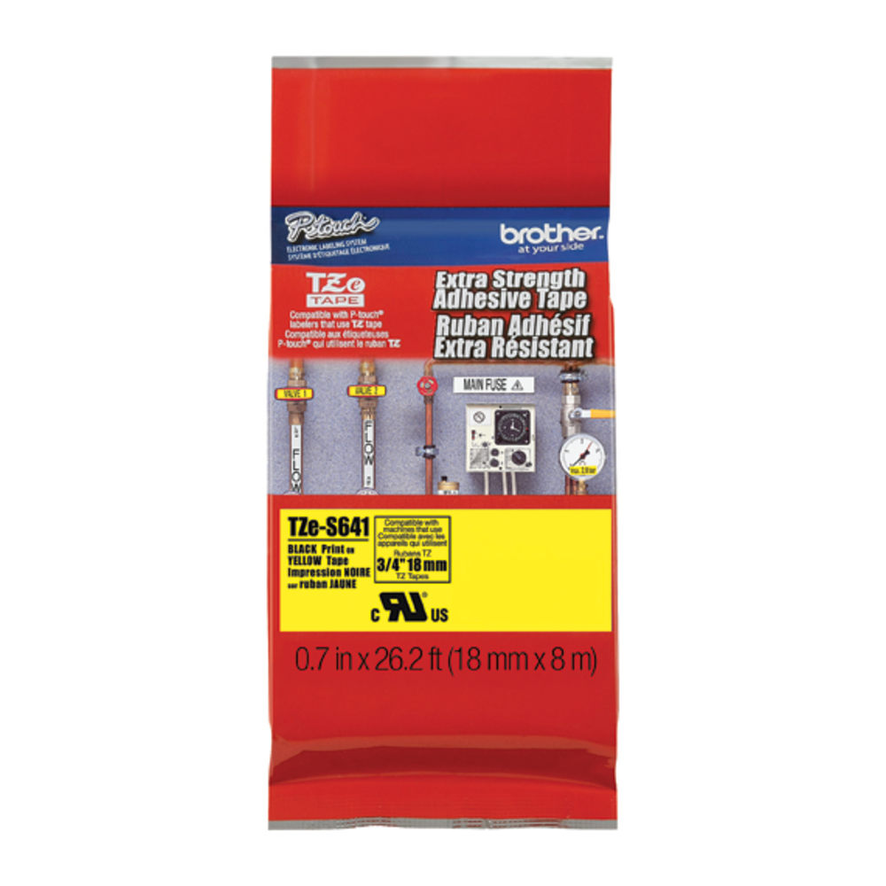 Brother TZe 3/4in Extra Strength Adhesive Tape - 3/4in Width - Thermal Transfer - Black, Yellow - Polyethylene - 1 Each