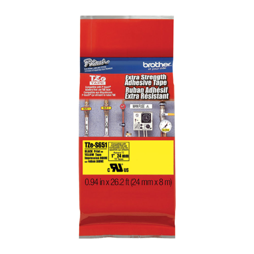 Brother P-Touch TZe Extra Strength Adhesive Tape - 15/16in Width - Thermal Transfer - Black, Yellow - Polyethylene - 1 Each - Water Resistant - Temperature Resistant, Chemical Resistant, Abrasion Resistant, Fade Resistant