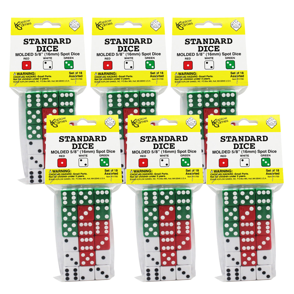 Koplow Games Dot Dice Sets, 5/8in, Red/White/Green, Pre-K to Grade 5, 18 Dice Per Set, Pack Of 6 Sets