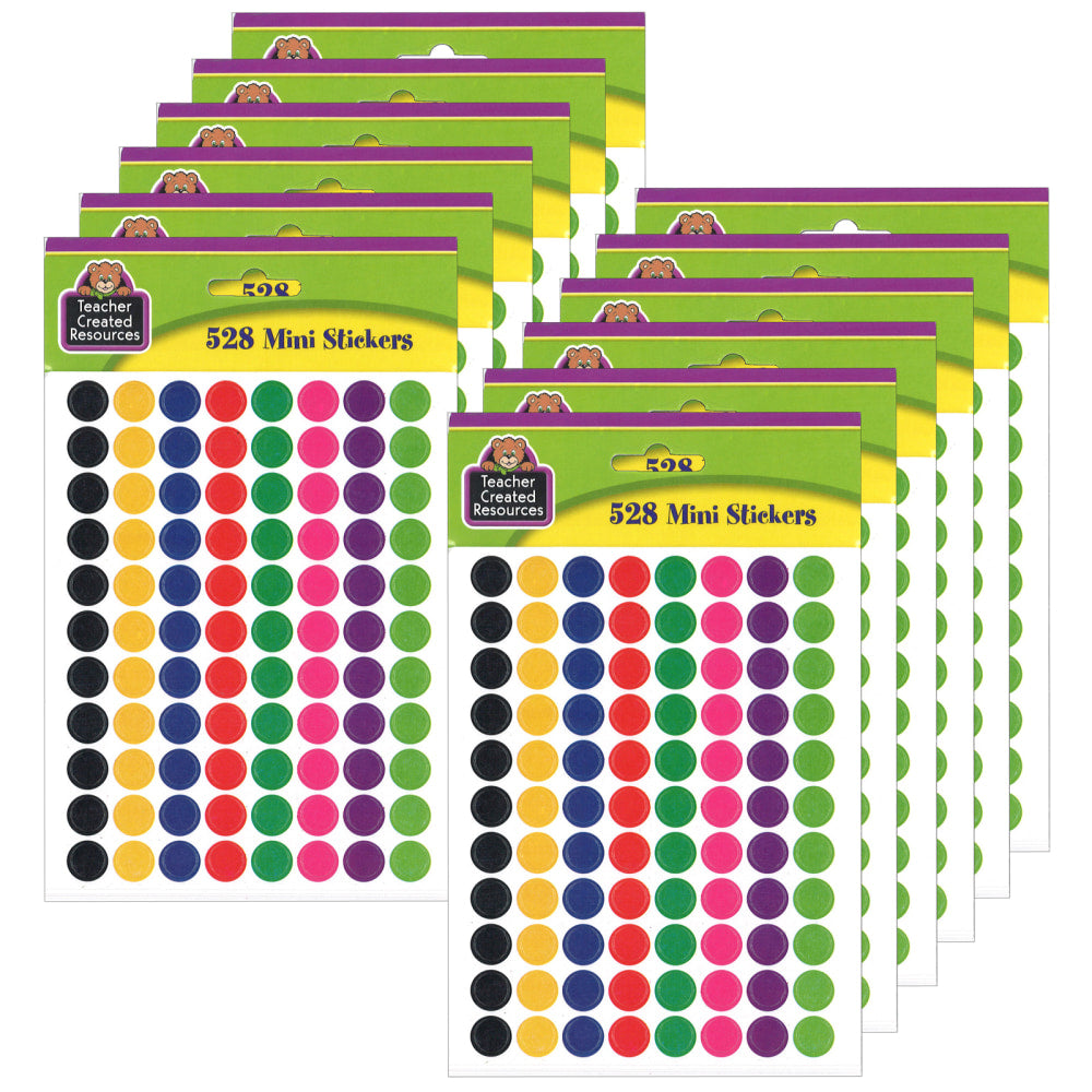 Teacher Created Resources Mini Stickers, 3/8in, Colorful Circles, 528 Stickers Per Pack, Set Of 12 Packs
