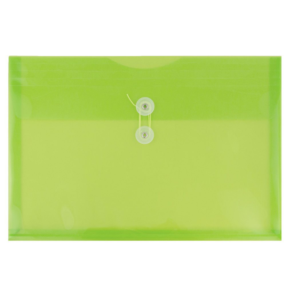 JAM Paper Plastic Booklet Envelopes, Legal-Size, 9 3/4in x 14 1/2in, Button & String Closure, Lime Green, Pack Of 12