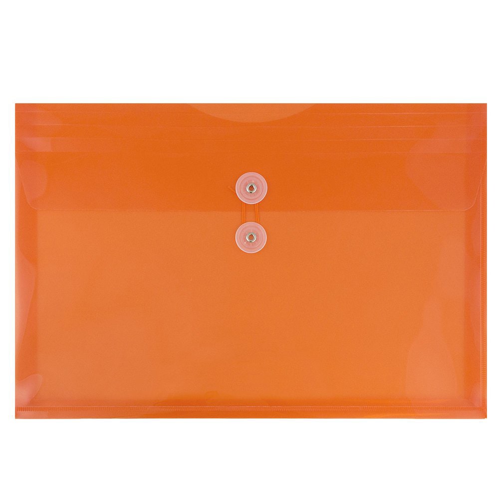JAM Paper Plastic Booklet Envelopes, Legal-Size, 9 3/4in x 14 1/2in, Button & String Closure, Orange, Pack Of 12
